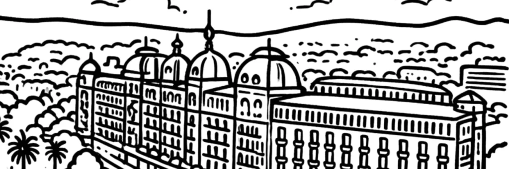Cimiez, vue panoramique sur l'Excelsior Régina et les hauteurs de Nice, illustration au trait