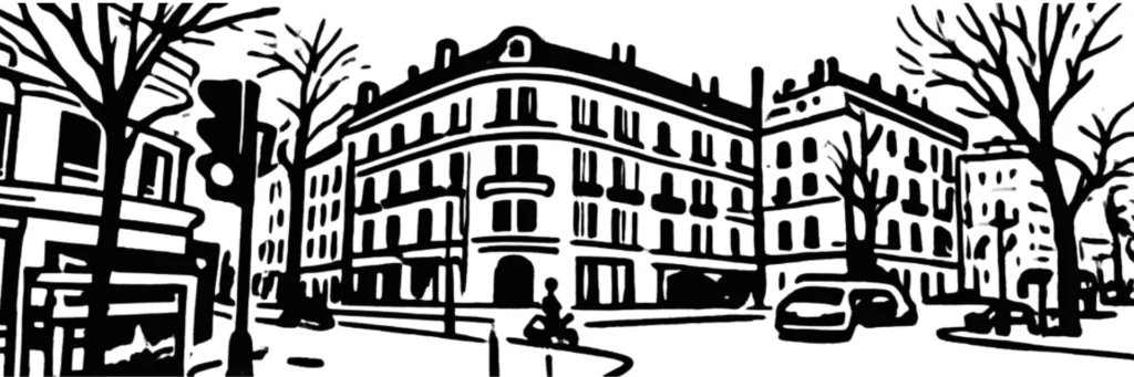 Le quartier des Fleurs à Nice, rues arborées et façades haussmanniennes soignées, illustration au trait