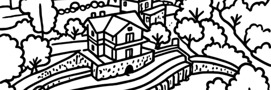 Le quartier de Gairaut sur les hauteurs de Nice, villas et vues panoramiques sur la baie, illustration au trait