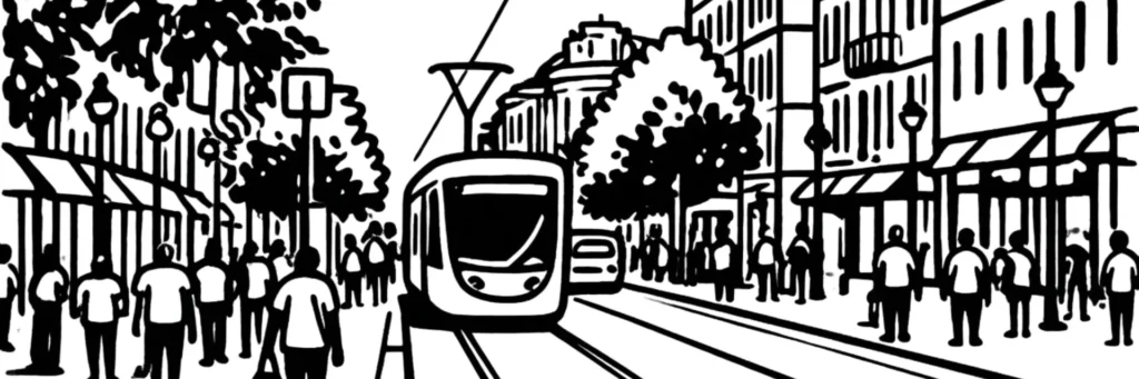 L'avenue Jean Médecin à Nice, artère commerçante centrale et ligne de tramway, illustration au trait