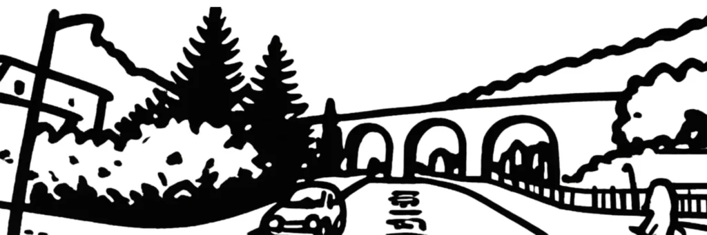 Le quartier de La Madeleine à Nice, immeubles collectifs des années 1960-1980 sur les collines de l'ouest, illustration au trait