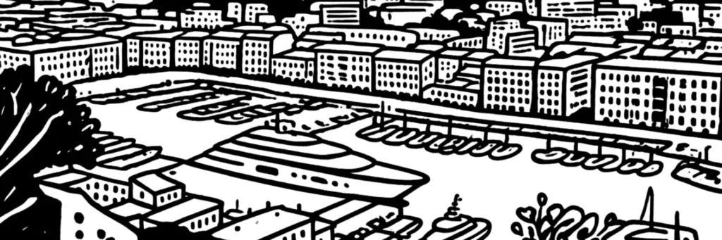 Le quartier du Port à Nice, façades colorées et bassin du port Lympia, illustration au trait