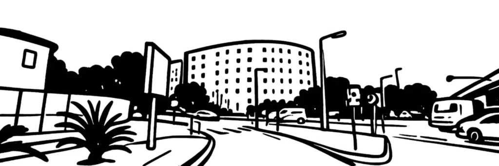 Le quartier des Moulins à l'ouest de Nice, immeubles collectifs des années 1970-1980 et ligne de tramway, illustration au trait