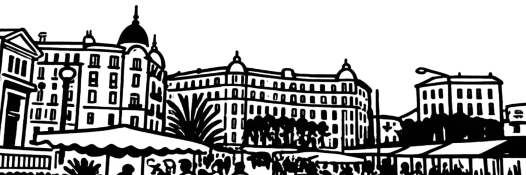 Le quartier de la Libération à Nice, halles du marché et ancienne gare du Sud, illustration au trait