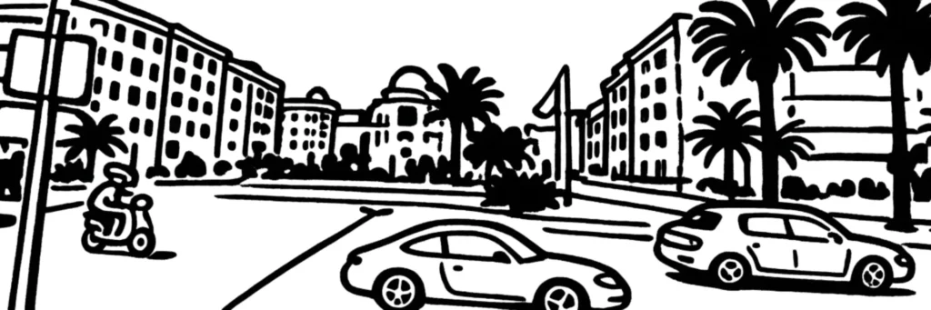 Le quartier Magnan à Nice, front de mer le long de la Promenade des Anglais, immeubles anciens et récents, illustration au trait