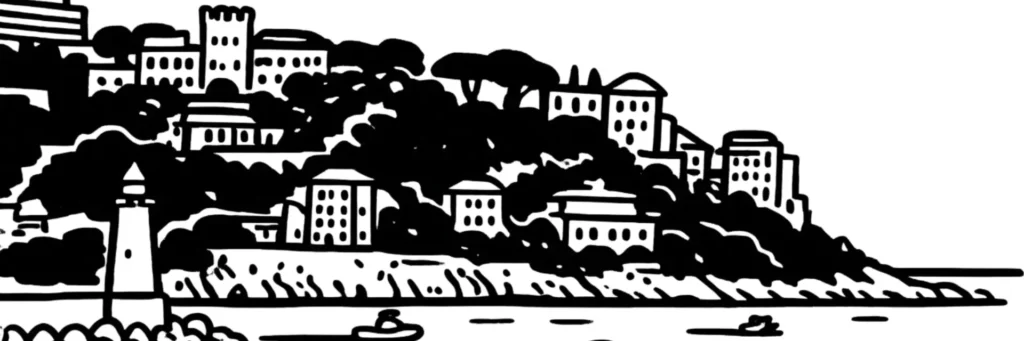Le Mont Boron à Nice, colline résidentielle dominant la baie, villas et pins parasols, illustration au trait