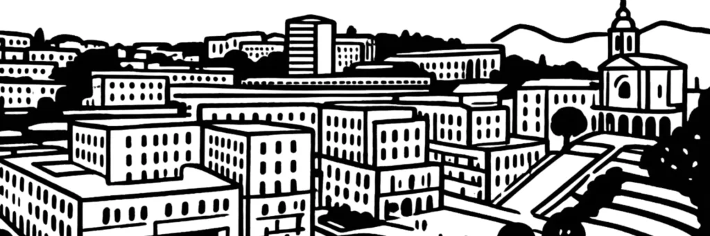 Le quartier Pasteur à Nice, secteur résidentiel du nord-est autour de l'hôpital Pasteur, illustration au trait