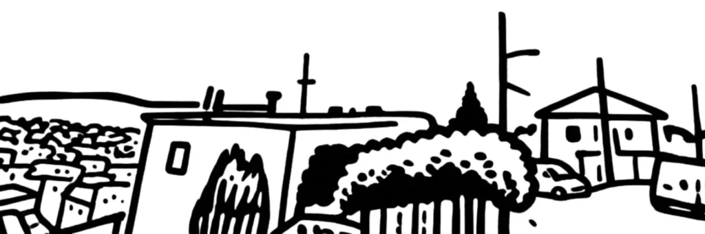 Le quartier Pessicart à Nice, villas et jardins sur les collines verdoyantes du nord-ouest, illustration au trait