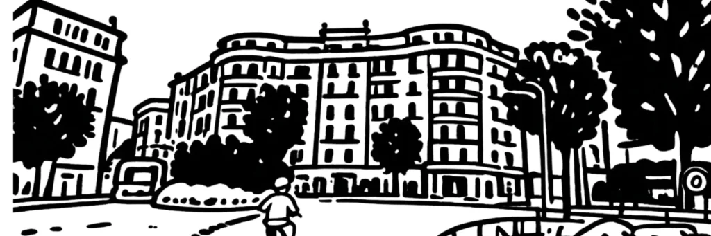 Le quartier Riquier à Nice, façades de faubourg colorées entre le port et la voie ferrée, illustration au trait