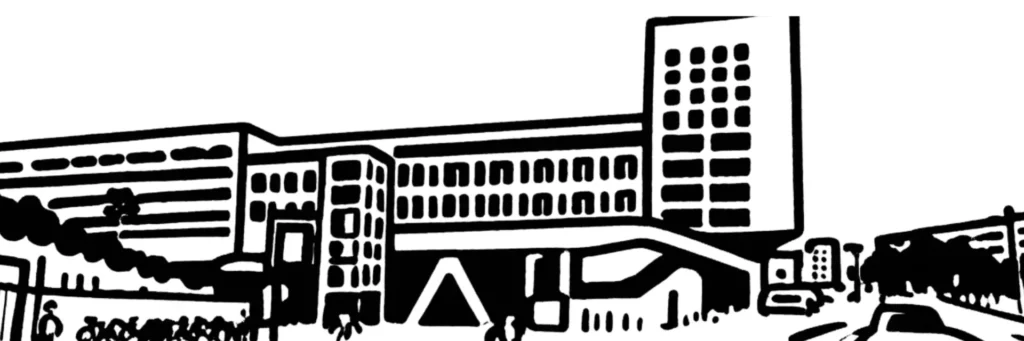 Le quartier Saint-Augustin à l'extrême ouest de Nice, proche de l'aéroport et du secteur du Grand Arénas, illustration au trait