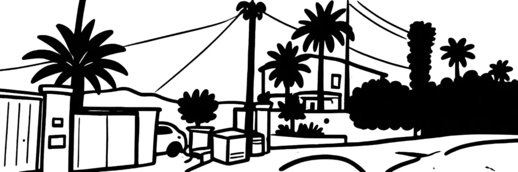 Le quartier Saint-Pierre de Féric à Nice, collines verdoyantes de l'ouest, petits immeubles et maisons, illustration au trait