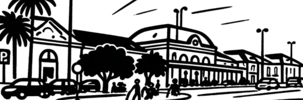 Le quartier Thiers à Nice, immeubles autour de la gare Nice-Ville, illustration au trait