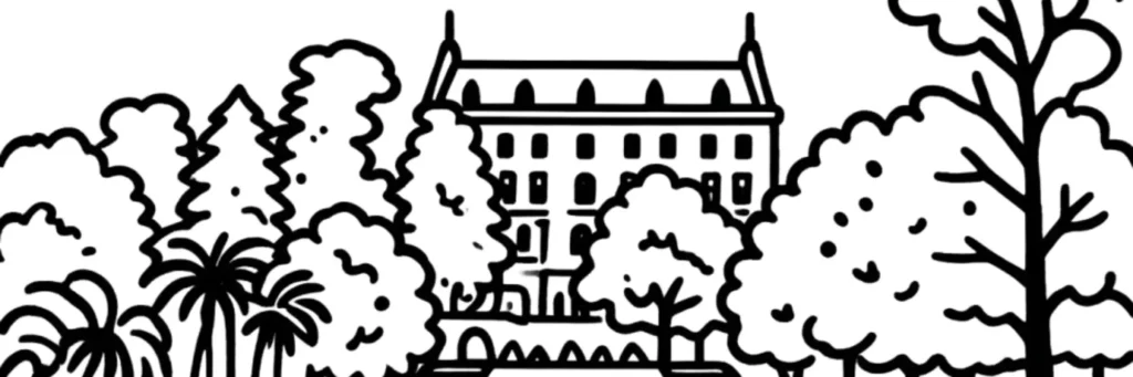 Le quartier Valrose à Nice, parc arboré et villa universitaire dominant le campus, illustration au trait