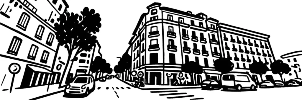 Le quartier Vernier à Nice, rues résidentielles du nord et immeubles collectifs, illustration au trait