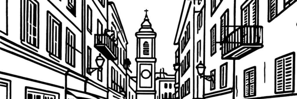 Le Vieux-Nice, ruelles génoises étroites et façades ocre aux volets colorés autour du cours Saleya, illustration au trait