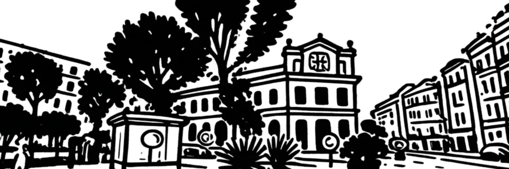 Le quartier Wilson à Nice, place arborée et façades de la fin du XIXe siècle, illustration au trait