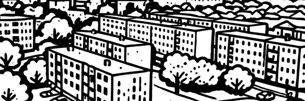 Le quartier Argonne à Orléans, la rue de l'Argonne, le secteur Champ Chardon et l'avenue Jean-Zay, les immeubles en rénovation urbaine à l'est de la ville, illustration au trait