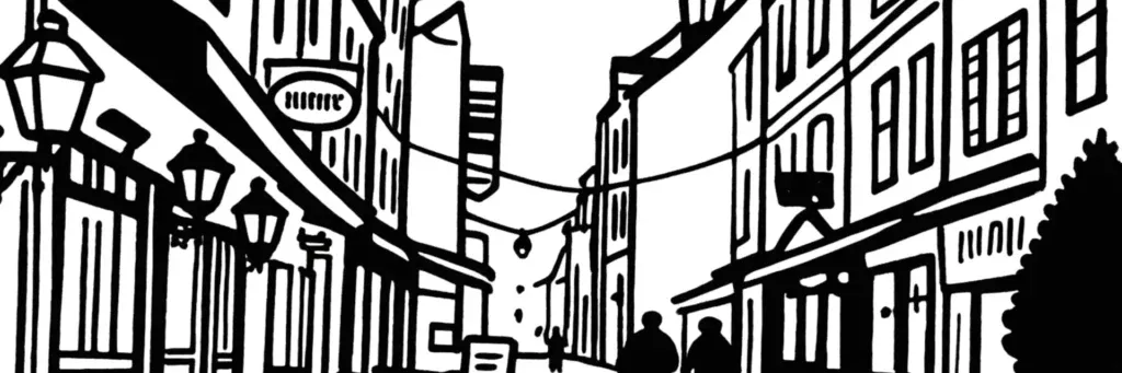 Le quartier Bourgogne à Orléans, la rue de Bourgogne animée et ses restaurants, l'église Saint-Aignan, les abords de la préfecture et du quai du Châtelet à l'est du centre, illustration au trait