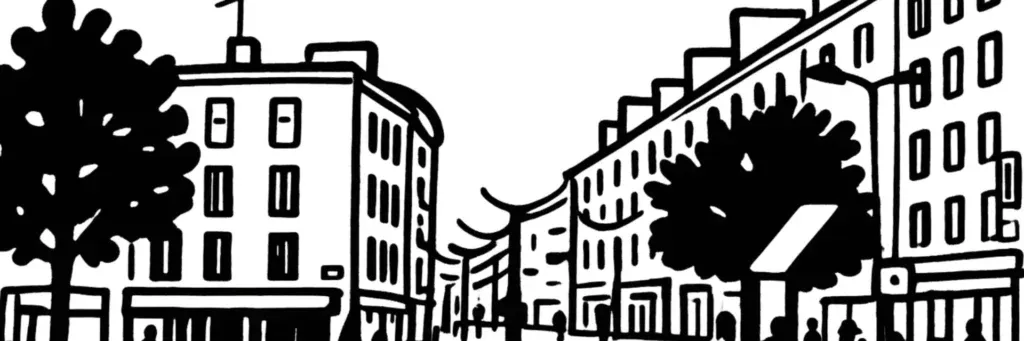 Le quartier Carmes à Orléans, la rue des Carmes commerçante, les halles Châtelet, les immeubles rénovés du centre historique à l'ouest de la place du Martroi, illustration au trait