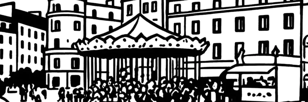 Le Centre-ville d'Orléans, la place du Martroi et sa statue équestre de Jeanne d'Arc, la cathédrale Sainte-Croix dominant la rue Jeanne d'Arc, la rue Royale et ses arcades vers la Loire, illustration au trait