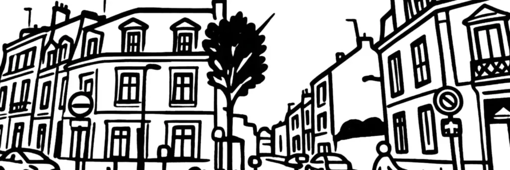 Le quartier Dunois à Orléans, ses rues bordées de maisons bourgeoises, les abords de la rue Dunois et de la rue de Châteaudun entre le centre et la gare, illustration au trait