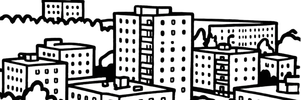 Le quartier La Source à Orléans, le campus de l'université d'Orléans, le parc floral de la Source et le château, le tramway ligne A et les résidences du grand quartier sud, illustration au trait