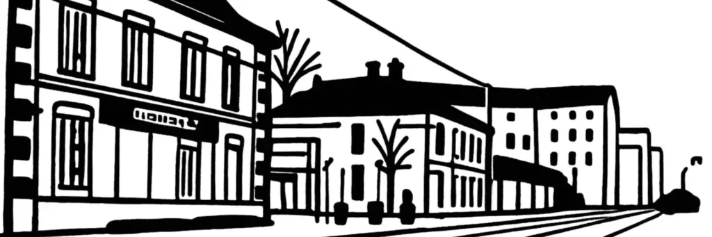 Le quartier Madeleine à Orléans, la place de la Madeleine, le faubourg Saint-Jean et la ligne B du tramway, le bâti de l'ouest de la ville en bord de Loire, illustration au trait