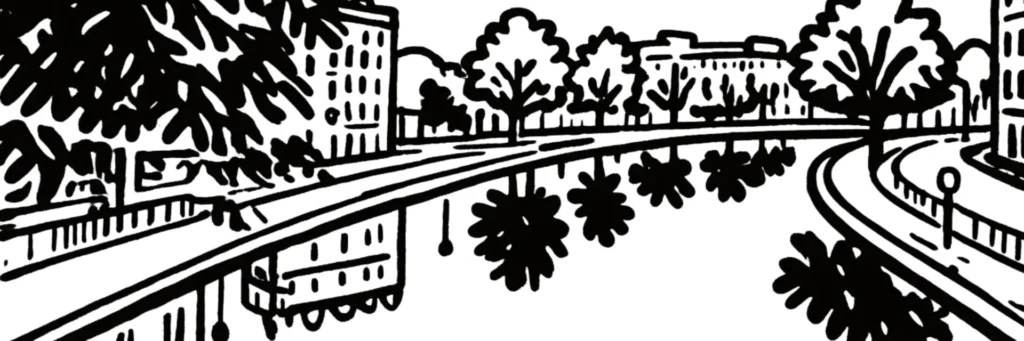 Le canal Saint-Martin et le quai de Valmy dans le 10e arrondissement de Paris, façades et passerelles, illustration au trait