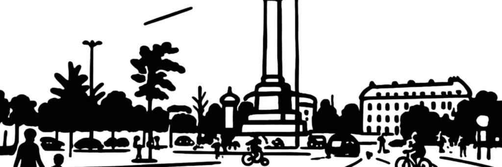 Le 11e arrondissement de Paris, immeubles haussmanniens et terrasses du faubourg autour de Bastille et Oberkampf, illustration au trait