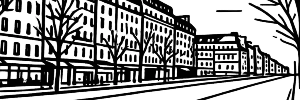 Le 14e arrondissement de Paris, tour Montparnasse et rues résidentielles, illustration au trait