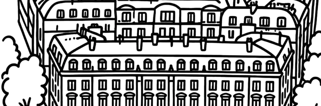 Le 17e arrondissement de Paris, immeubles haussmanniens des Ternes et écoquartier des Batignolles, illustration au trait