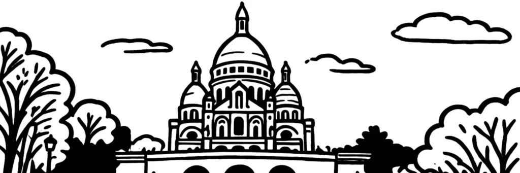 Le 18e arrondissement de Paris, butte Montmartre coiffée du Sacré-Cœur et ruelles pavées, illustration au trait