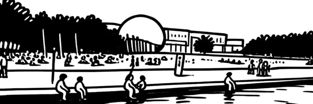 Le 19e arrondissement de Paris, parc des Buttes-Chaumont et bassin de la Villette le long du canal de l'Ourcq, illustration au trait