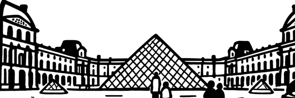 Le 1er arrondissement de Paris, façades de la place Vendôme et jardin du Palais Royal, illustration au trait