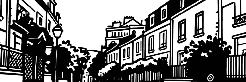 Le 20e arrondissement de Paris, ruelles de Ménilmontant et allées du cimetière du Père-Lachaise, illustration au trait