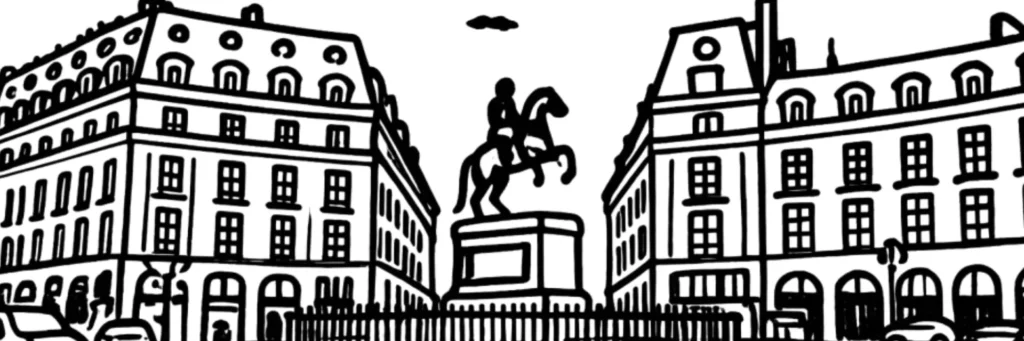 Le 2e arrondissement de Paris, galerie Vivienne couverte et rue Montorgueil commerçante, illustration au trait