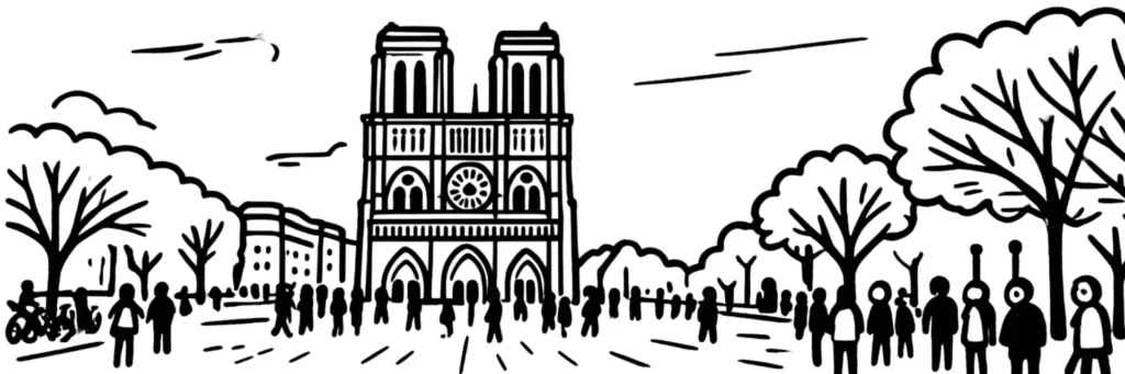 Le 4e arrondissement de Paris, place des Vosges sous ses arcades et quais de l'île Saint-Louis, illustration au trait