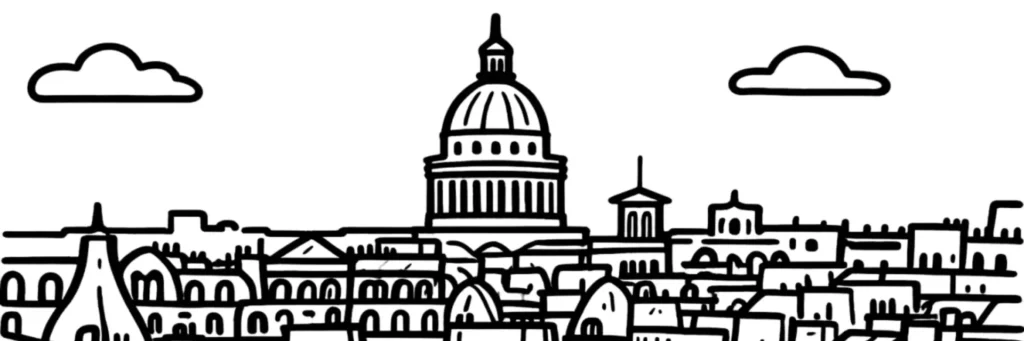 Le 5e arrondissement de Paris, dôme du Panthéon et étals de la rue Mouffetard, illustration au trait