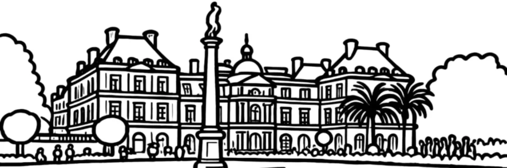 Saint-Germain-des-Prés et le jardin du Luxembourg dans le 6e arrondissement de Paris, façades haussmanniennes, illustration au trait