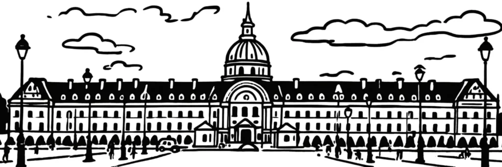 La tour Eiffel et les Invalides dans le 7e arrondissement de Paris, façades du faubourg Saint-Germain, illustration au trait