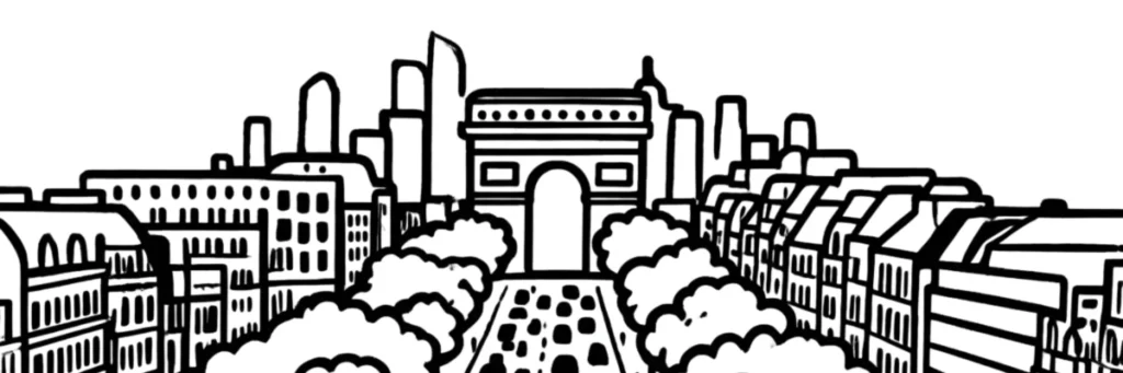 Les Champs-Élysées, le Triangle d'Or et le parc Monceau dans le 8e arrondissement de Paris, façades haussmanniennes, illustration au trait