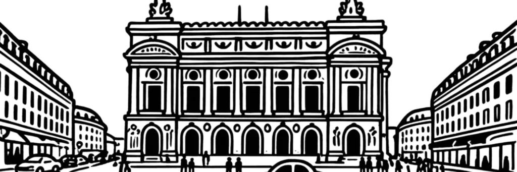 L'Opéra Garnier, les Grands Boulevards et la Nouvelle Athènes dans le 9e arrondissement de Paris, façades haussmanniennes, illustration au trait