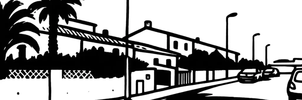 Le quartier Catalunya à Perpignan, au sud de la ville, le secteur des Orles, le parc de Sant Vicens à proximité, ses immeubles et lotissements résidentiels, illustration au trait