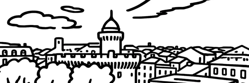 Le Centre historique de Perpignan, Le Castillet et sa tour de brique rose, la cathédrale Saint-Jean-Baptiste, la Loge de Mer, le quartier Saint-Jacques, la place de la République et les ruelles de la vieille ville, illustration au trait