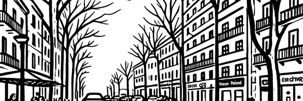 Le quartier Clemenceau à Perpignan, l'avenue Clemenceau, sa proximité du centre et de la gare, ses immeubles de rapport et ses commerces, illustration au trait