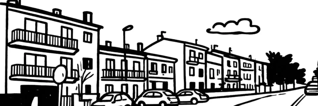 Le quartier Clos Banet à Perpignan, à l'est de la ville, ses lotissements pavillonnaires, ses maisons individuelles et son cadre résidentiel, illustration au trait