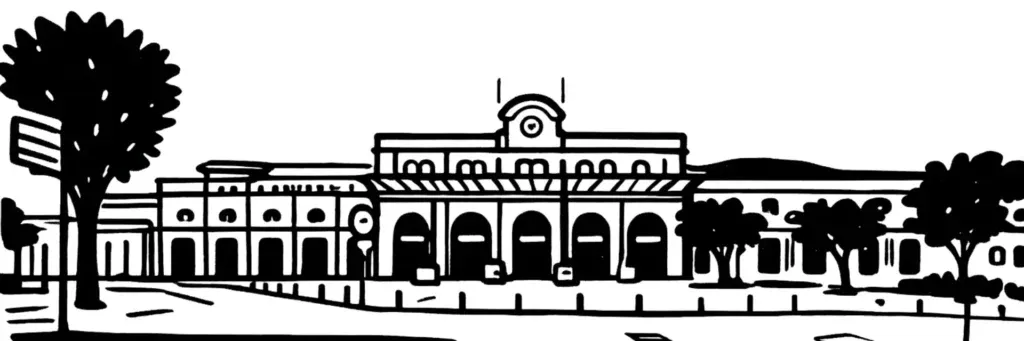 Le quartier Gare à Perpignan, la gare de Perpignan baptisée centre du monde par Dali, le secteur Daniel Hechter, ses immeubles et ses commerces à l'ouest du centre, illustration au trait