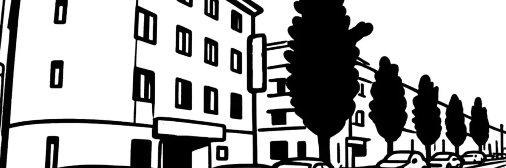 Le quartier Kennedy à Perpignan, l'avenue Kennedy, ses immeubles, ses commerces de proximité et son cadre résidentiel au nord de la ville, illustration au trait