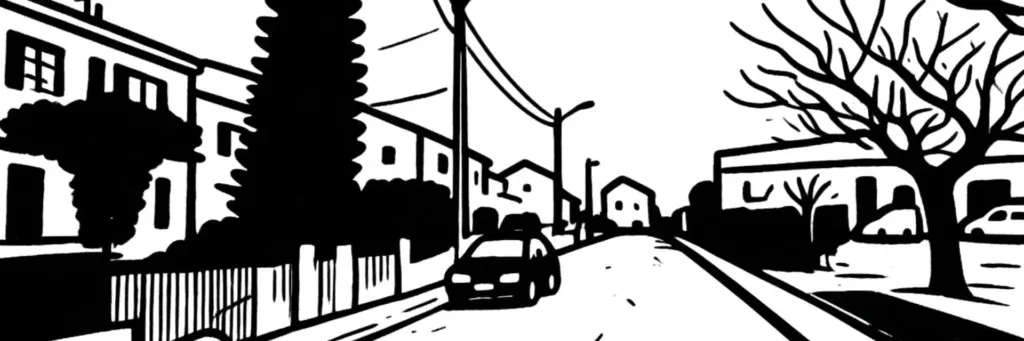 Le quartier Las Cobas à Perpignan, à l'est de la ville, ses immeubles, ses lotissements et son cadre résidentiel, illustration au trait
