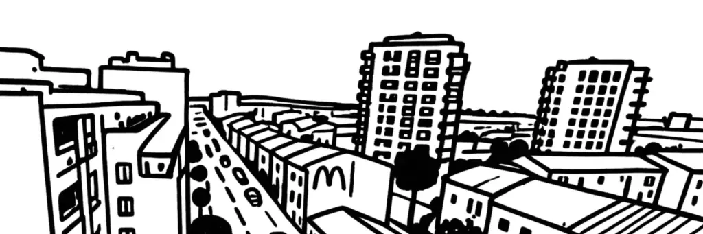 Le quartier Le Vernet à Perpignan, au nord de la Têt, le Haut Vernet et le Bas Vernet, ses immeubles, ses logements et son cadre populaire, illustration au trait